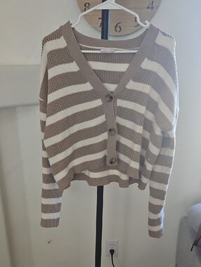 Striped V-Neck Button Front Sweater Cardigan - Light Brown And Cream